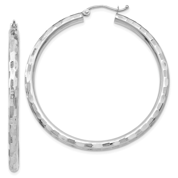 14k White Gold Diamond-cut Hoop Earrings-TF628