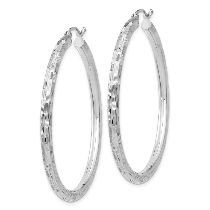 14k White Gold Diamond-cut Hoop Earrings-TF630