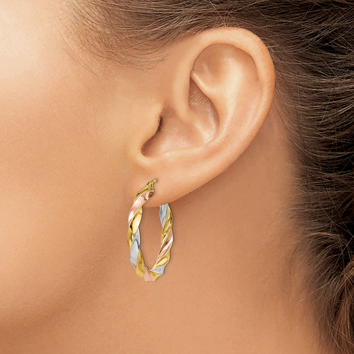 14k Tri-color Light Twisted Hoop Earrings-TF654