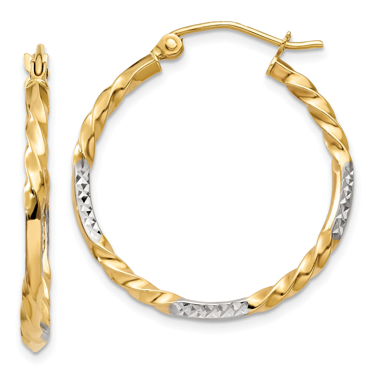 14k & Rhodium Diamond Cut Twisted Hoop Earrings-TF709