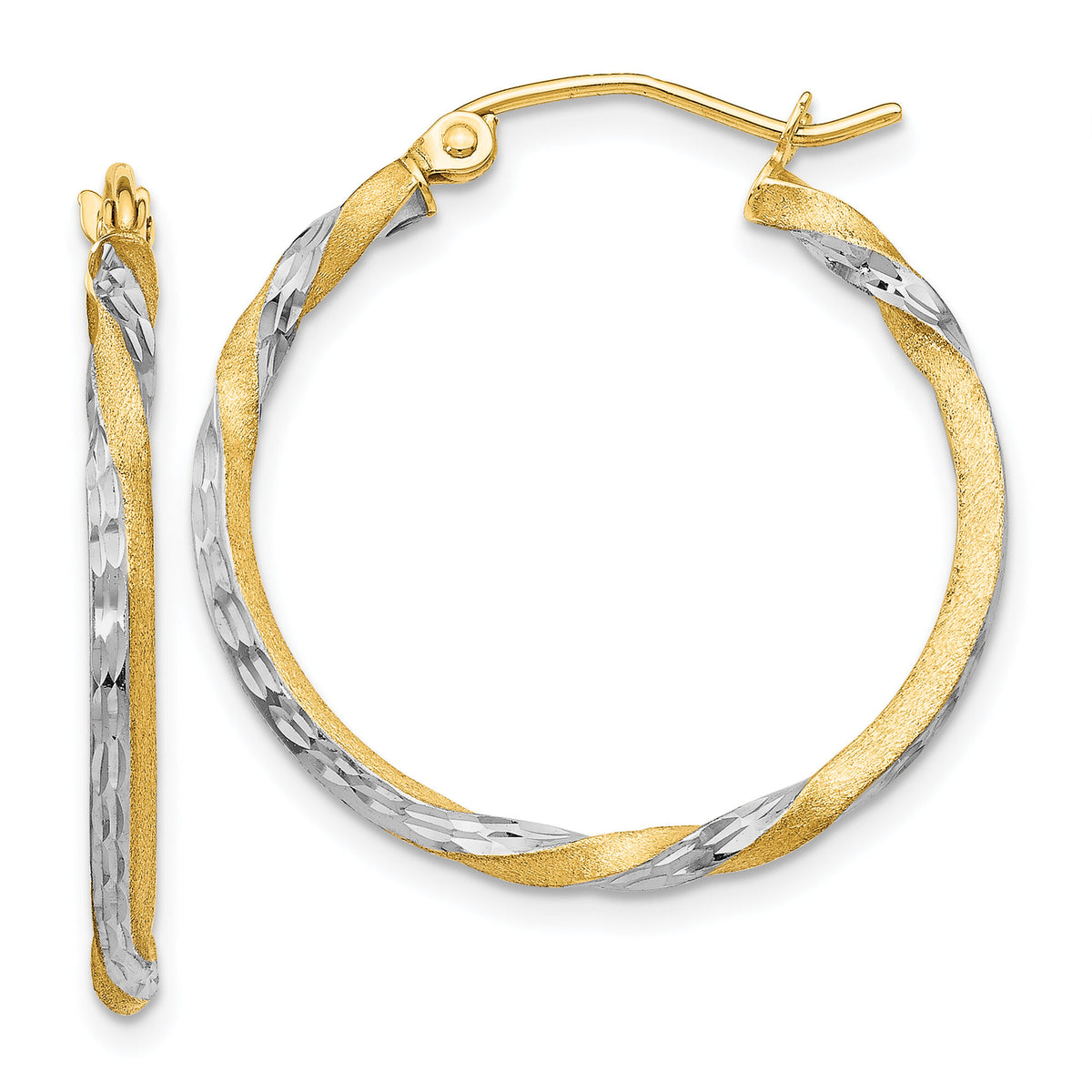 14k & Rhodium Satin Diamond Cut Twisted Hoop Earrings-TF744