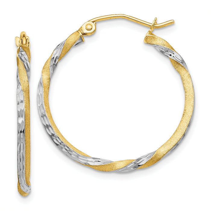 14k & Rhodium Satin Diamond Cut Twisted Hoop Earrings-TF744
