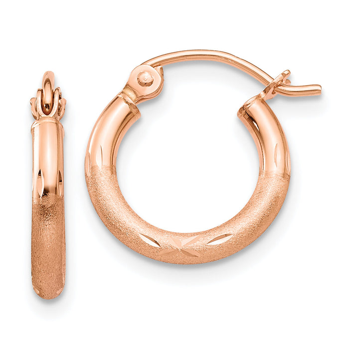 14k Rose Gold Lightweight Satin Diamond Cut Hoop Earrings-TF754
