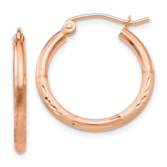 14k Rose Gold Lightweight Satin Diamond Cut Hoop Earrings-TF756