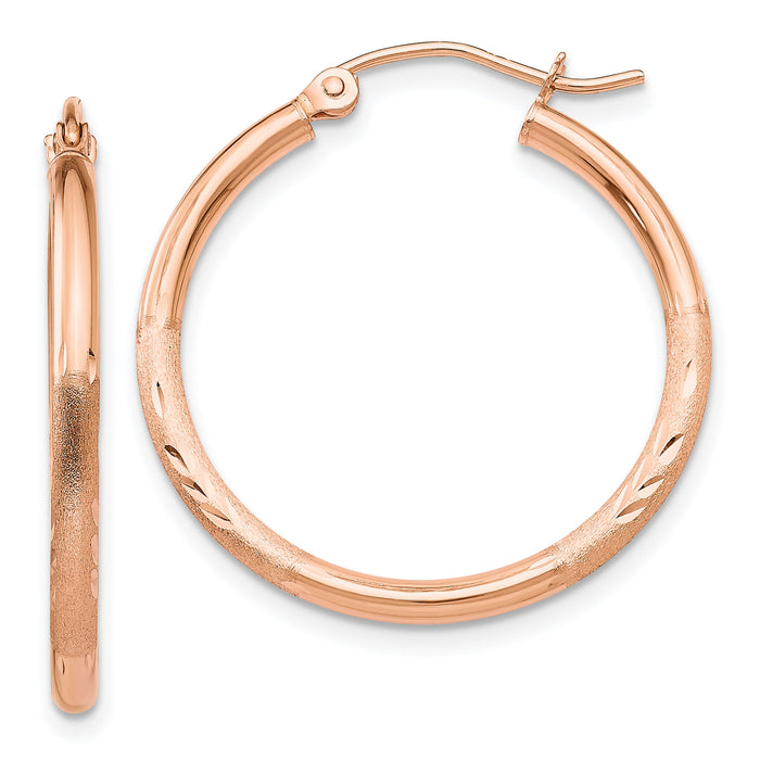 14k Rose Gold Lightweight Satin Diamond Cut Hoop Earrings-TF757