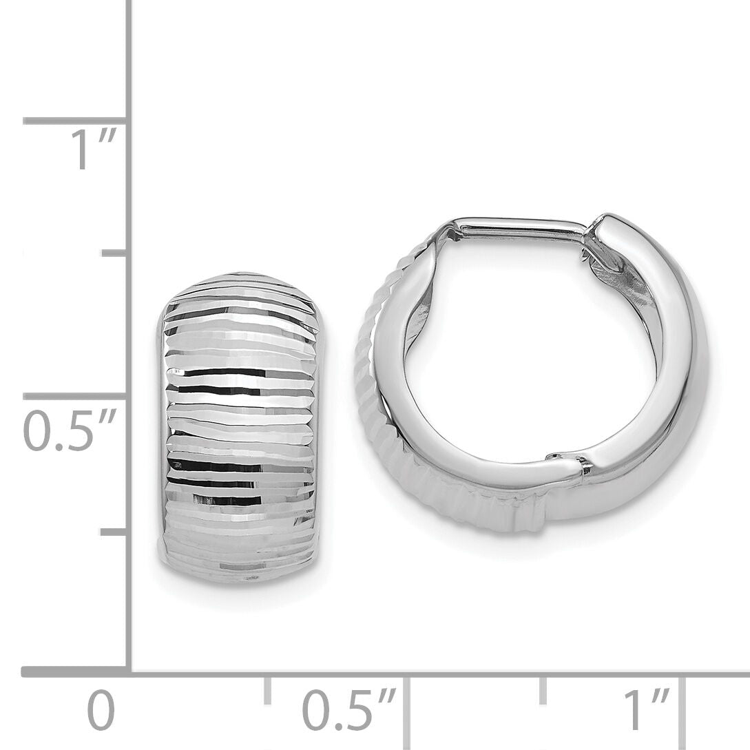 14K White Gold Textured and Polished Hinged Hoop Earrings-TF779