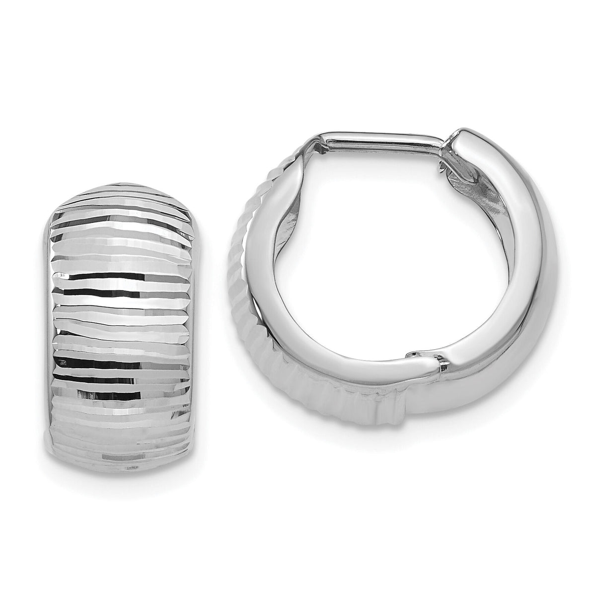 14K White Gold Textured and Polished Hinged Hoop Earrings-TF779
