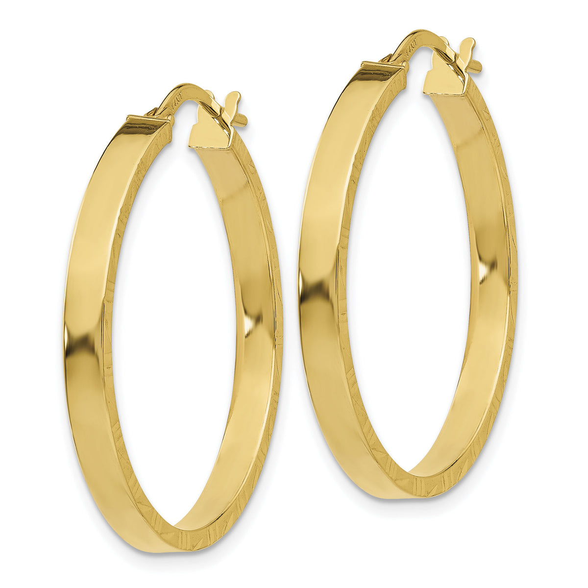 14K Diamond Cut Edge Large 3mm Polished Hoop Earrings-TF812