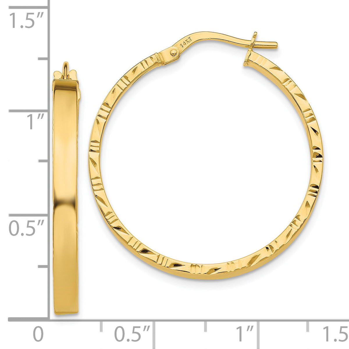 14K Diamond Cut Edge Large 3mm Polished Hoop Earrings-TF812