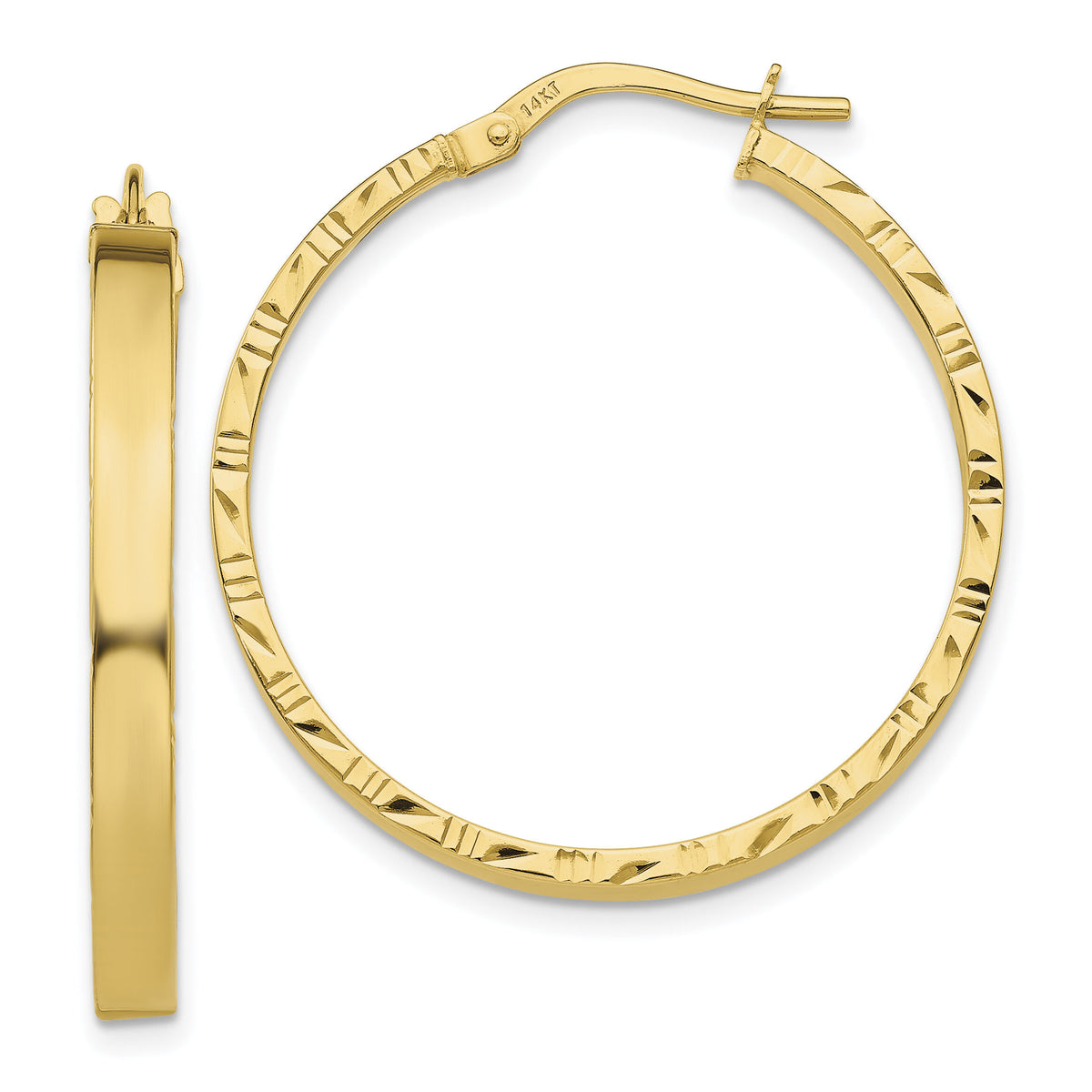 14K Diamond Cut Edge Large 3mm Polished Hoop Earrings-TF812