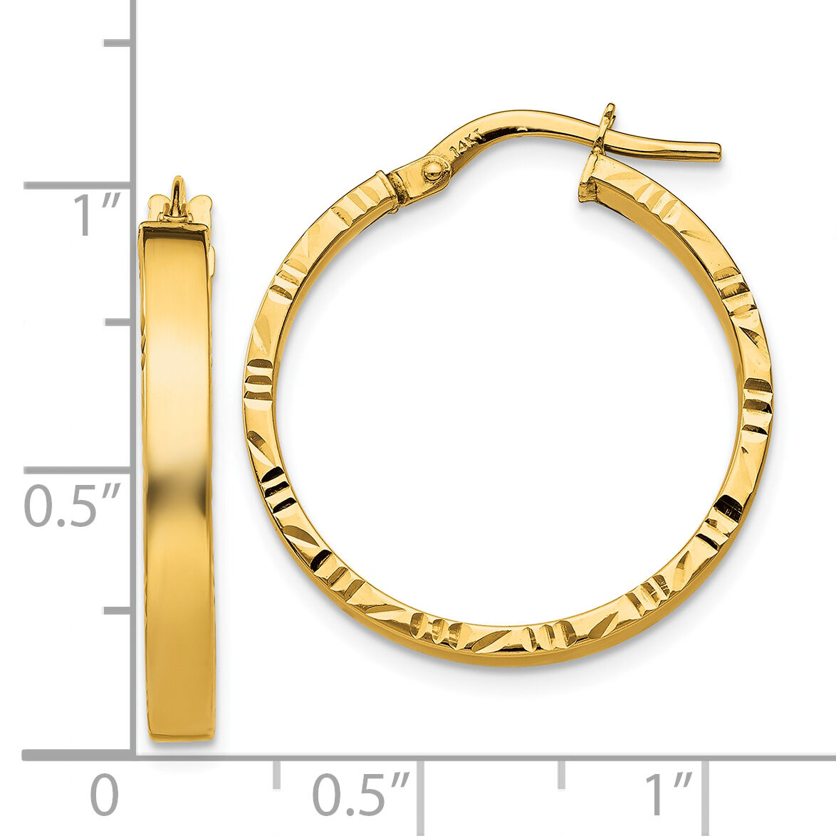14K Diamond Cut Edge Medium 3mm Polished Hoop Earrings-TF813