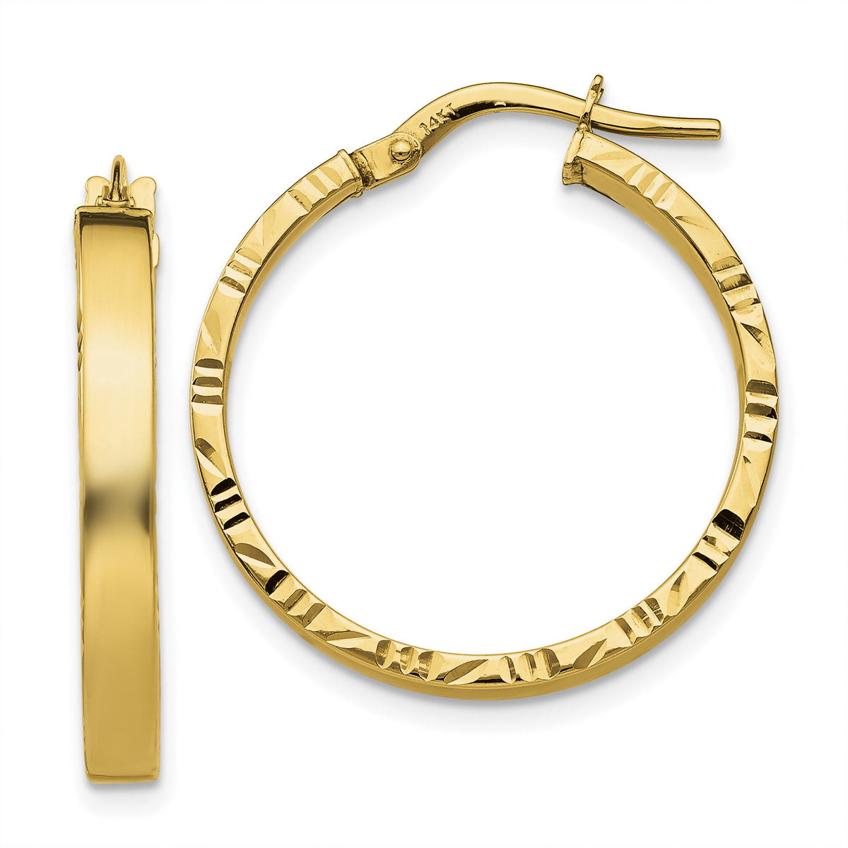 14K Diamond Cut Edge Medium 3mm Polished Hoop Earrings-TF813