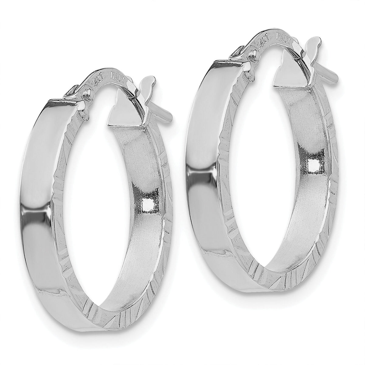14K White Gold Small 3mm Diamond Cut Edge Polished Hoop Earrings-TF815
