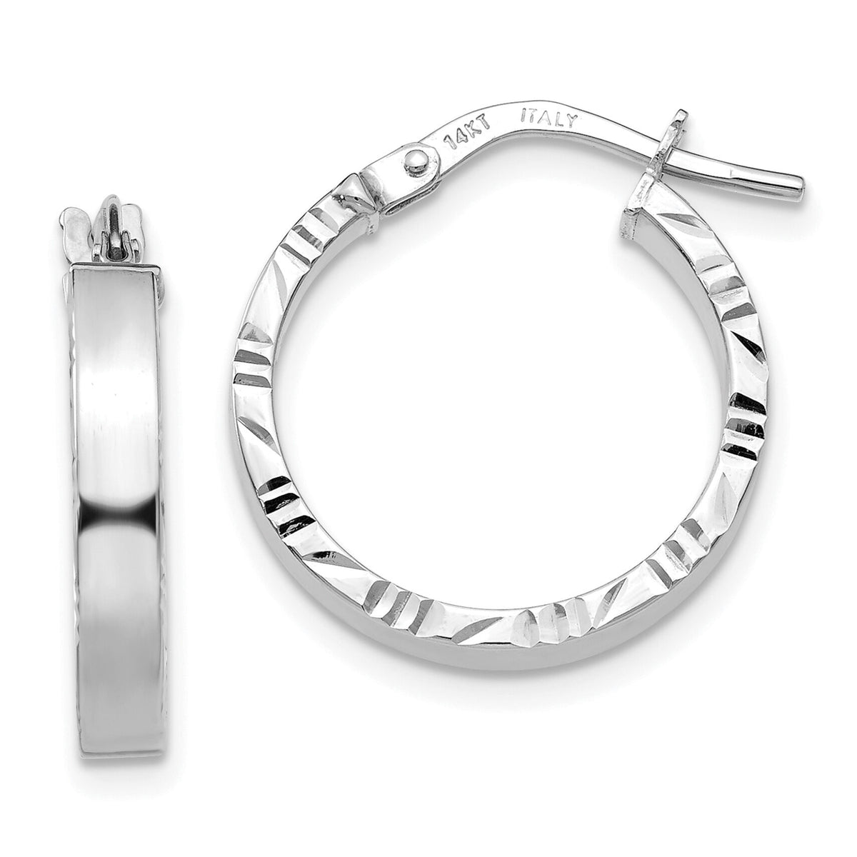 14K White Gold Small 3mm Diamond Cut Edge Polished Hoop Earrings-TF815
