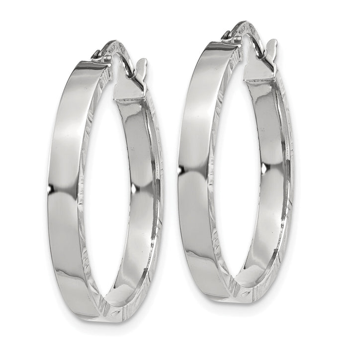 14K White Gold Diamond Cut Edge Medium 3mm Polished Hoop Earrings-TF816