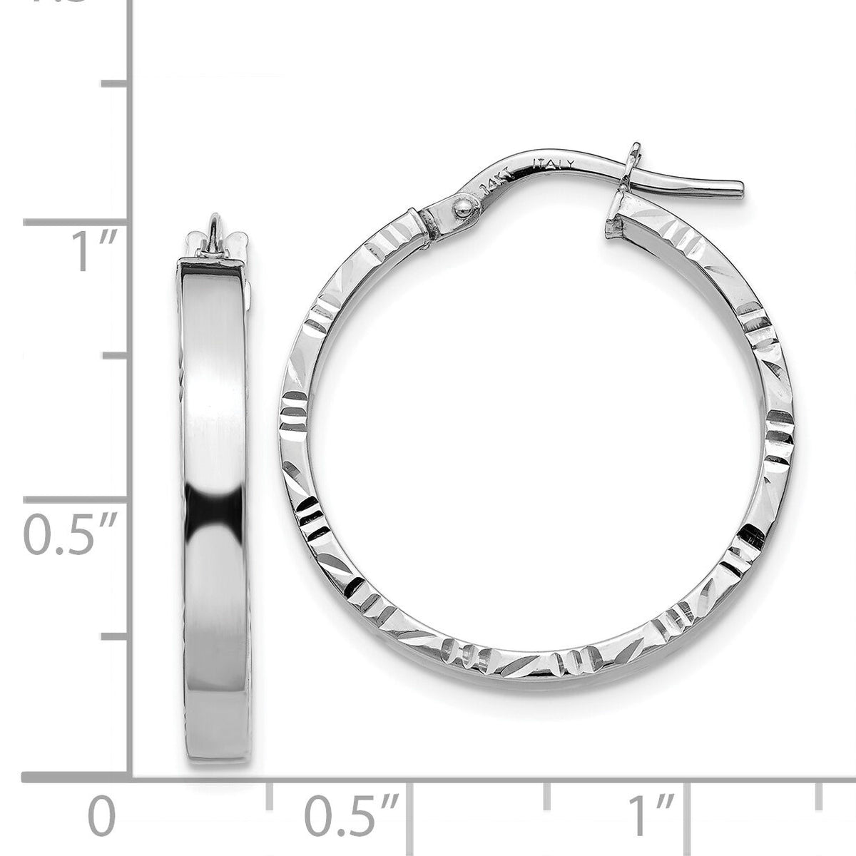 14K White Gold Diamond Cut Edge Medium 3mm Polished Hoop Earrings-TF816
