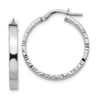 14K White Gold Diamond Cut Edge Medium 3mm Polished Hoop Earrings-TF816
