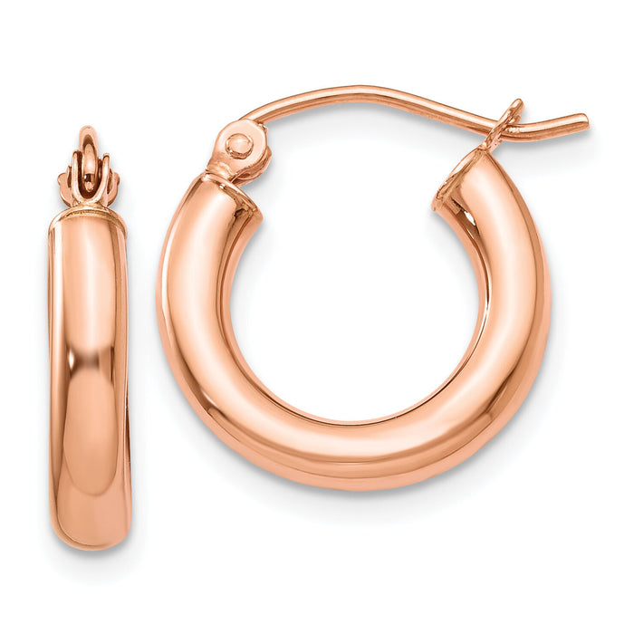 14k Rose Gold Polished 3mm Lightweight Tube Hoop Earrings-TF818