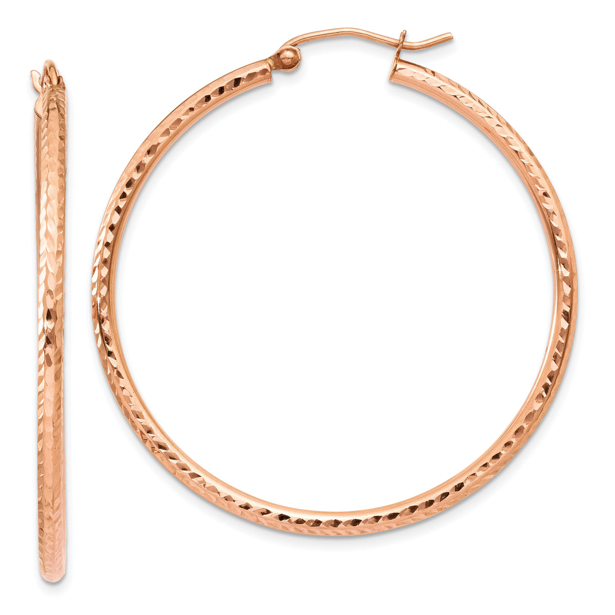 14k Rose Gold Polished Lightweight Large Diamond-cut Tube Hoop Earrings-TF819