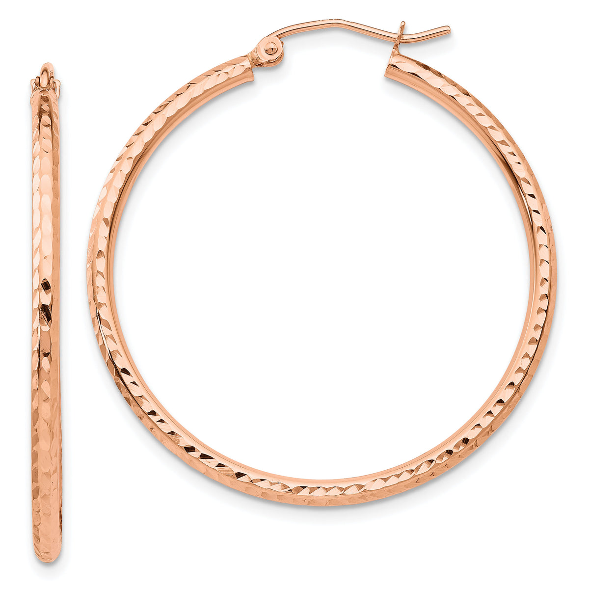 14k Rose Gold Polished Lightweight Large Diamond-cut Tube Hoop Earrings-TF820