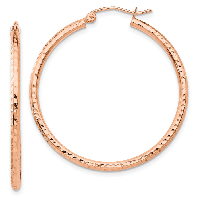 14k Rose Gold Polished Lightweight Large Diamond-cut Tube Hoop Earrings-TF820
