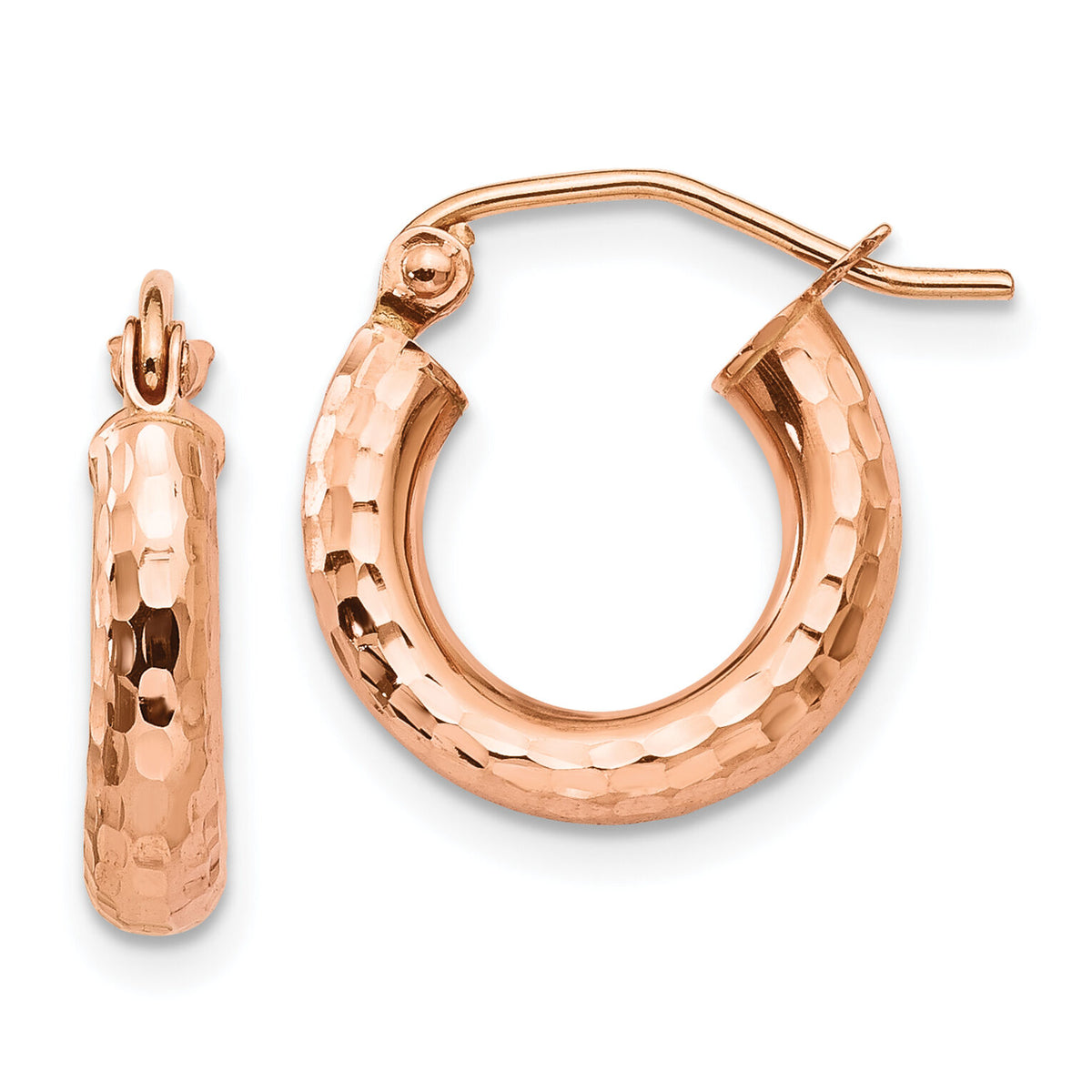 14k Rose Gold Polished Lightweight Small Diamond-cut Tube Hoop Earrings-TF821