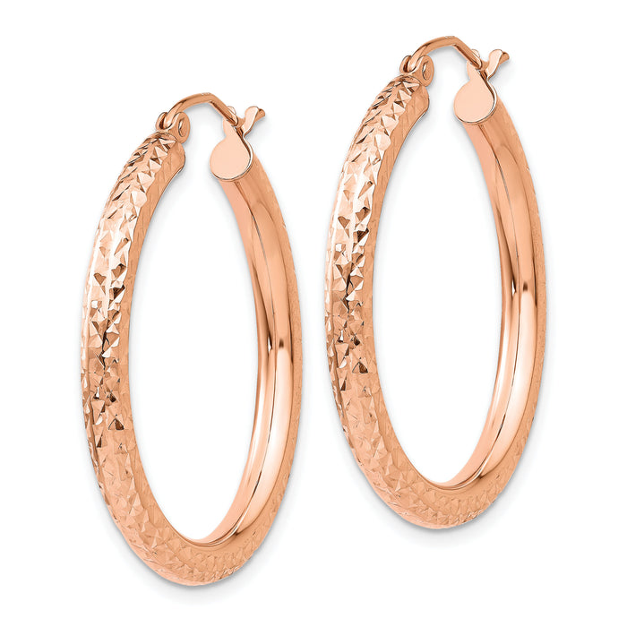 14k Rose Gold Diamond-cut 3mm Round Hoop Earrings-TF823