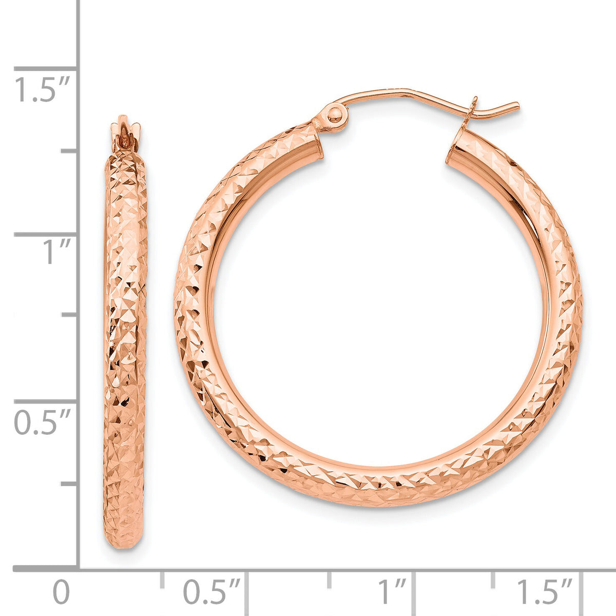 14k Rose Gold Diamond-cut 3mm Round Hoop Earrings-TF823