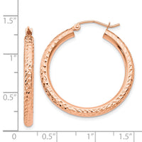 14k Rose Gold Diamond-cut 3mm Round Hoop Earrings-TF823