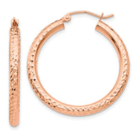 14k Rose Gold Diamond-cut 3mm Round Hoop Earrings-TF823