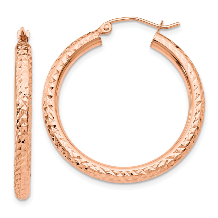 14k Rose Gold Diamond-cut 3mm Round Hoop Earrings-TF823