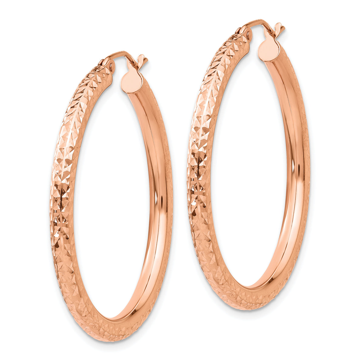 14k Rose Gold Diamond-cut 3mm Round Hoop Earrings-TF824