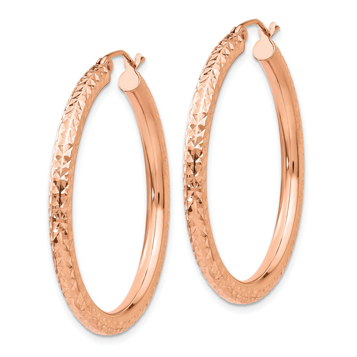14k Rose Gold Diamond-cut 3mm Round Hoop Earrings-TF824