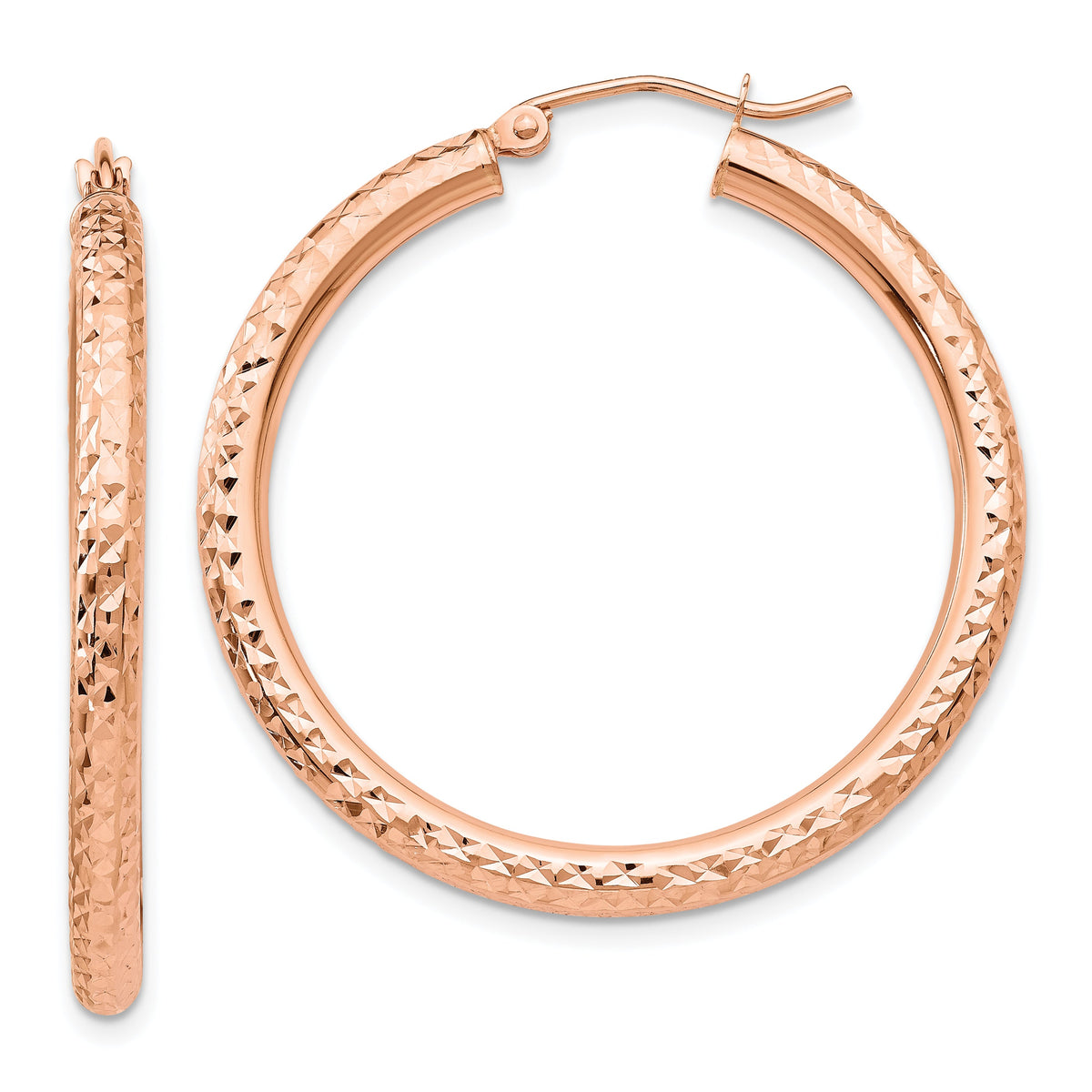 14k Rose Gold Diamond-cut 3mm Round Hoop Earrings-TF824