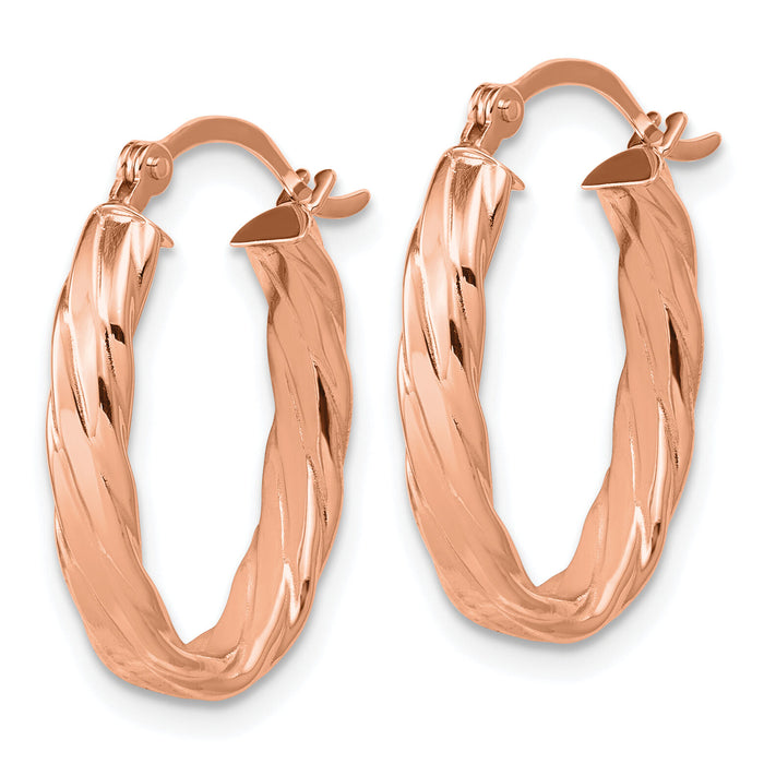14K Rose Gold 3mm Patterned Oval Hoop Earrings-TF868R