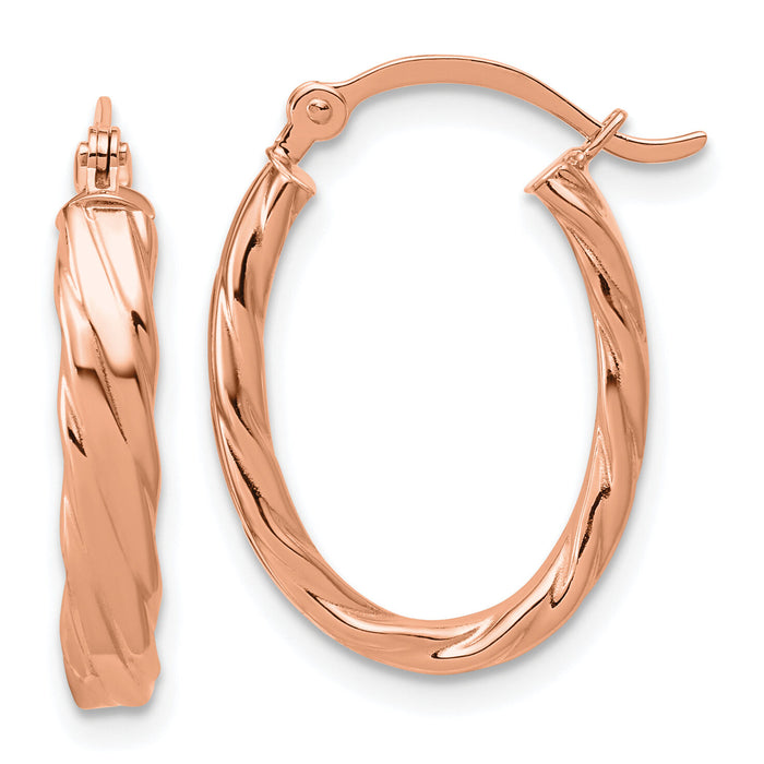 14K Rose Gold 3mm Patterned Oval Hoop Earrings-TF868R