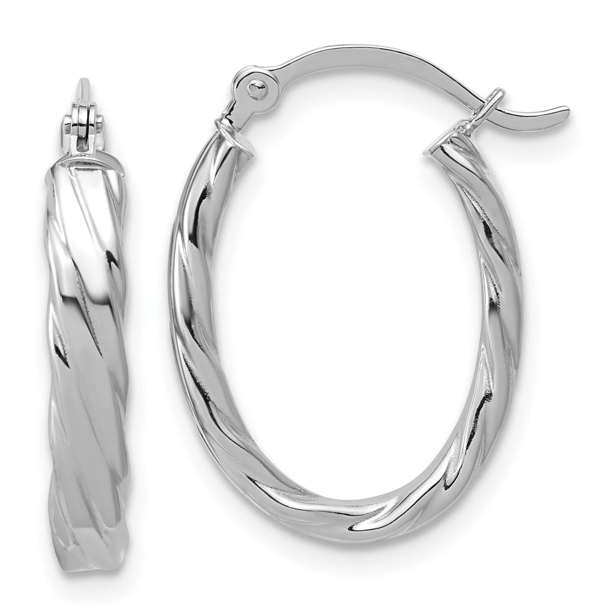 14K White Gold 3mm Patterned Oval Hoop Earrings-TF869