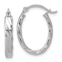 14K White Gold 3mm Patterned Oval Hoop Earrings-TF869