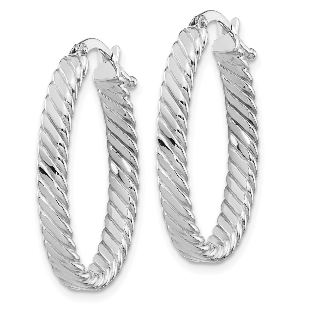 14K White Gold Large 3mm Patterned Oval Hoop Earrings-TF871