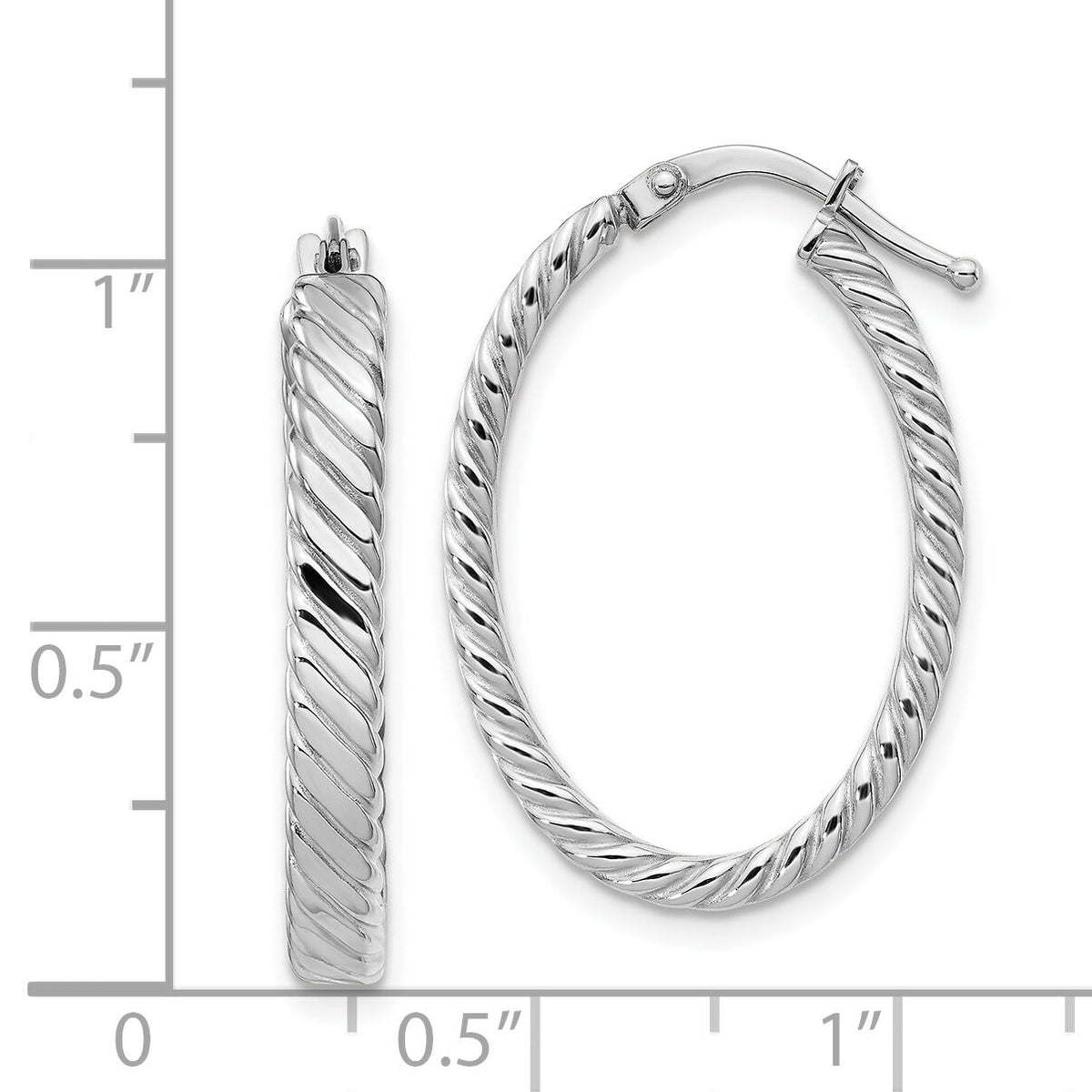 14K White Gold Large 3mm Patterned Oval Hoop Earrings-TF871