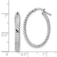 14K White Gold Large 3mm Patterned Oval Hoop Earrings-TF871