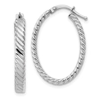 14K White Gold Large 3mm Patterned Oval Hoop Earrings-TF871