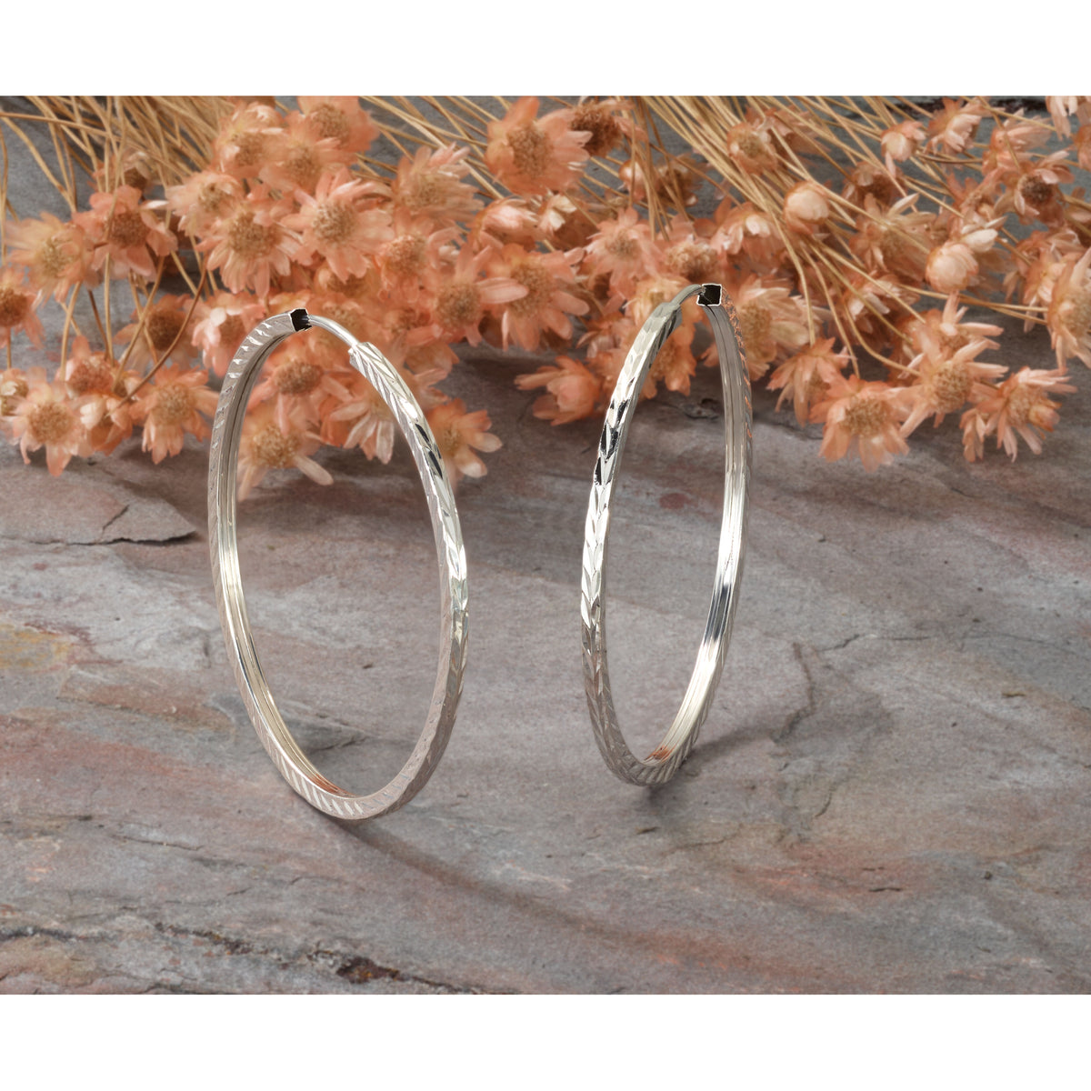 14k White Gold 1.35mm Diamond-cut Square Tube Endless Hoop Earrings-TF998W