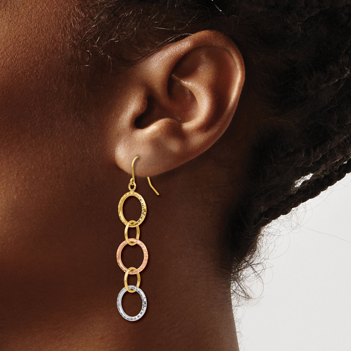 14k Tri-Color Diamond Cut Circle Dangle Earrings-TH521