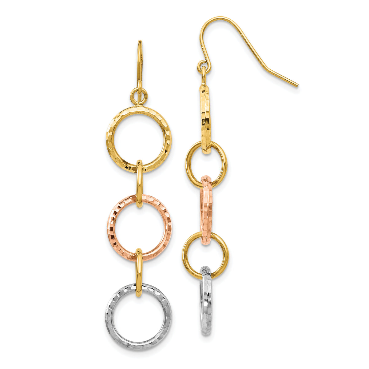 14k Tri-Color Diamond Cut Circle Dangle Earrings-TH521