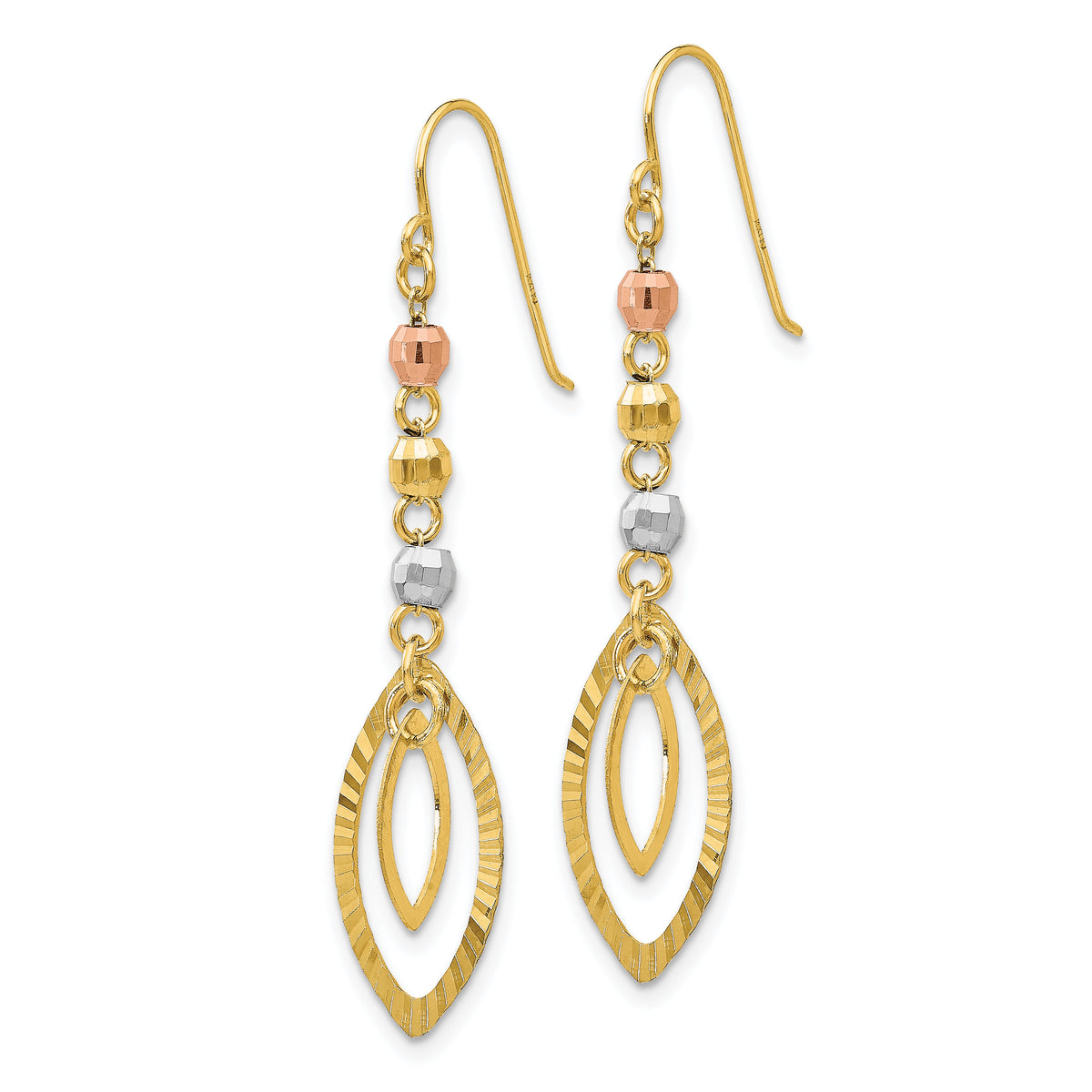 14K Tri-Color Diamond-cut Bead Oval Dangle Earrings-TH539