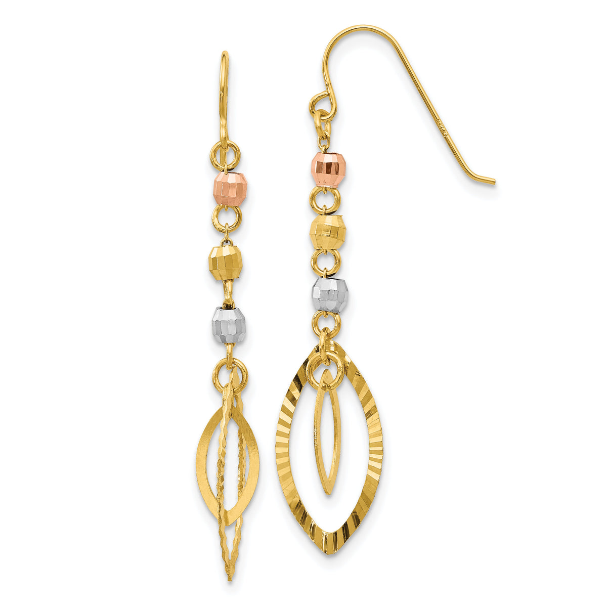 14K Tri-Color Diamond-cut Bead Oval Dangle Earrings-TH539