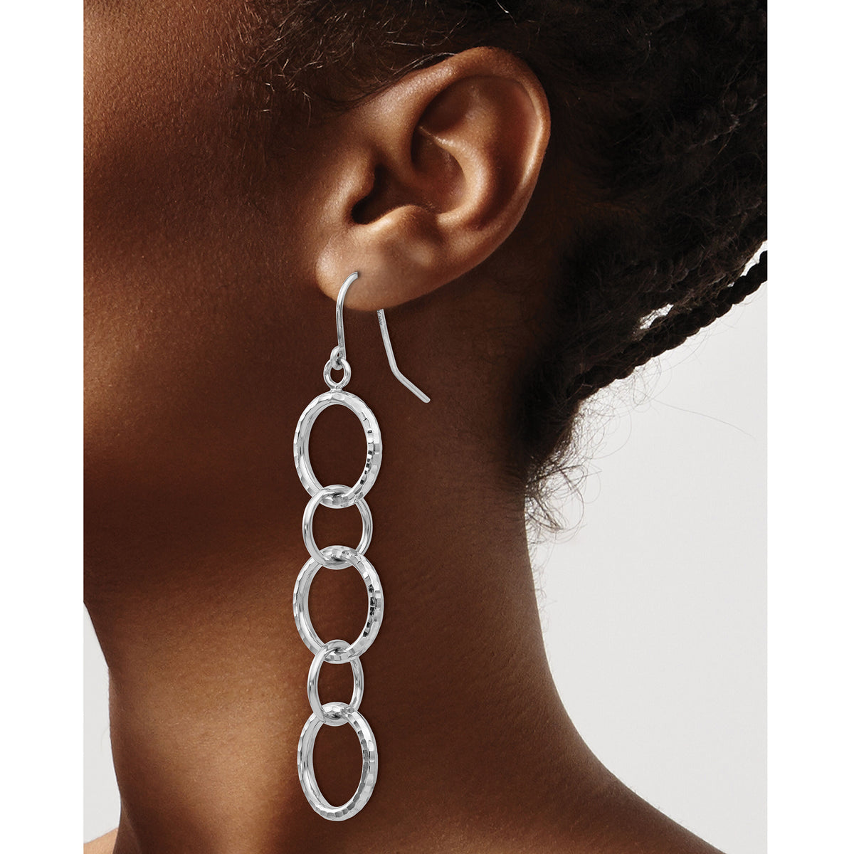 14k White Gold Diamond Cut Circle Dangle Earrings-TH543