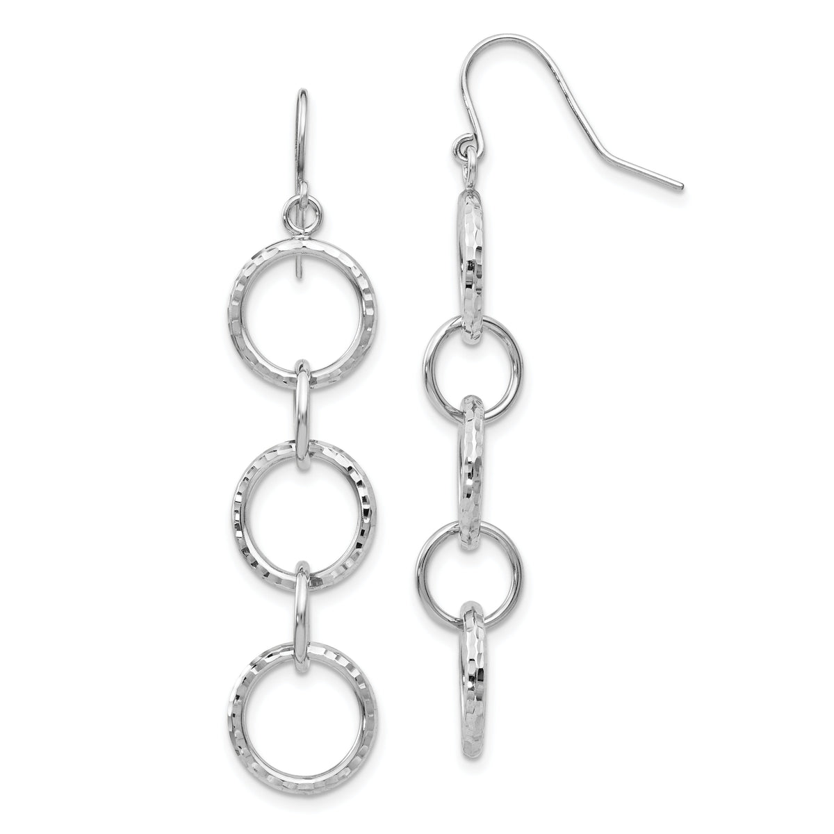 14k White Gold Diamond Cut Circle Dangle Earrings-TH543