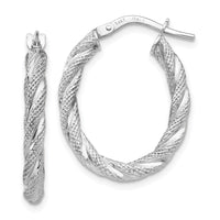 14K White Gold Twisted Textured Oval Hoop Earrings-TH689